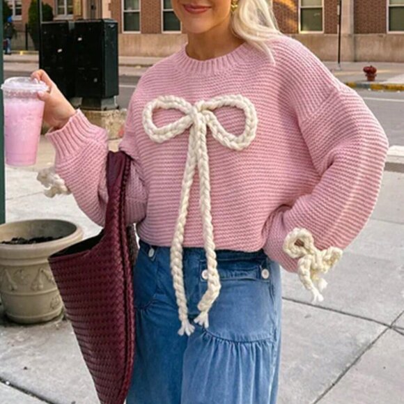 Sweaters - Pink Casual Women's Round Neck Chest Tie Bow Design Long-Sleeved Knit Pullover